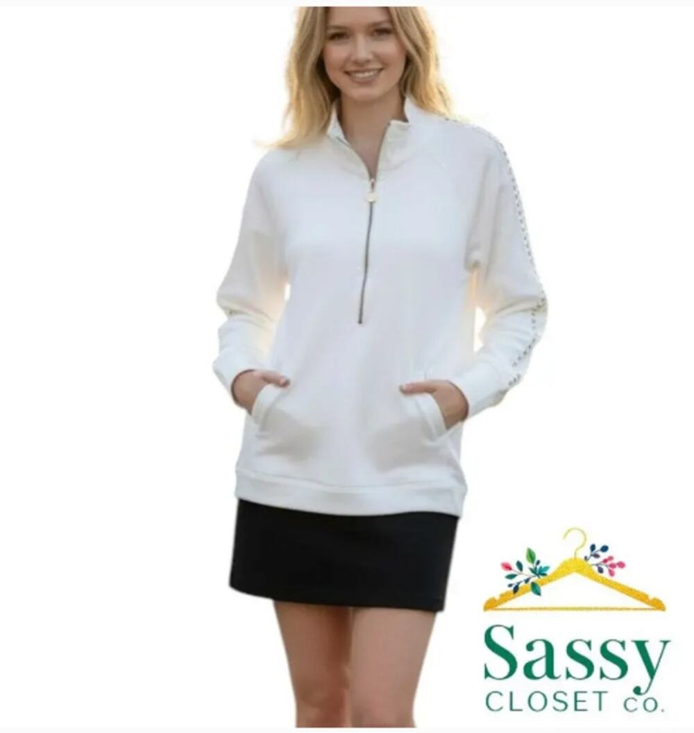 Lilly Pulitzer Skipper Popover M White Half Zip Lace Sleeve Sweatshirt Gold Palm